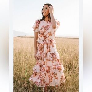 RACHEL PARCELL Pink Rose Puff Sleeve Tiered Chiffon Midi Dress